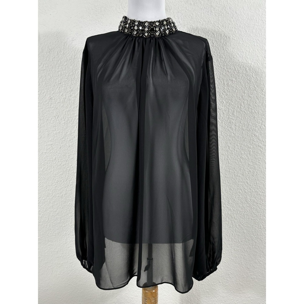 Marina Rinaldi‎ Shirt Womens 14 Black Sheer Beaded Collar Long Sleeve Made Italy